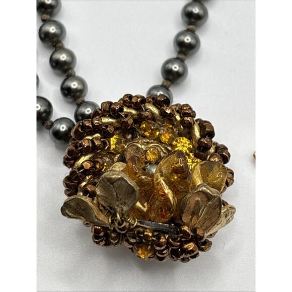 Vintage Eugene Triple Strand Faux Bk Pearl Necklace w/ Rhinestone Flower Pendant - Picture 9 of 10